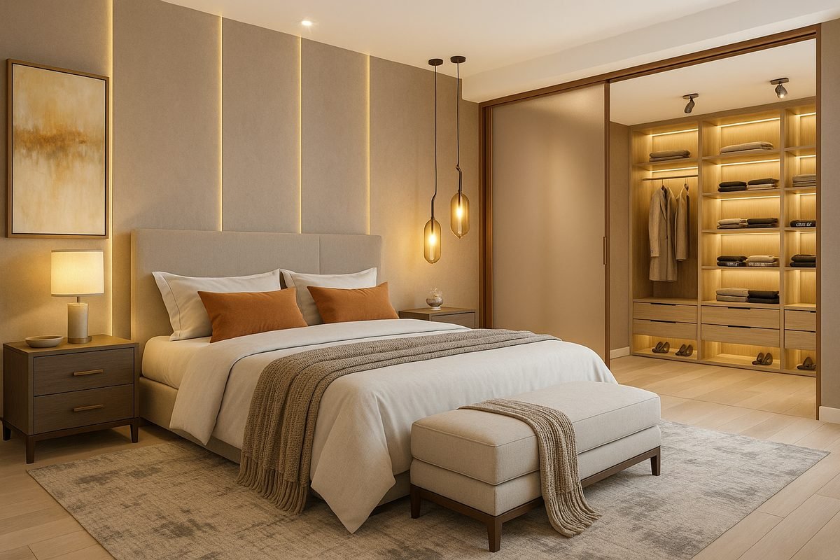 Dormitório planejado com cabeceira estofada e closet integrado com iluminação em LED