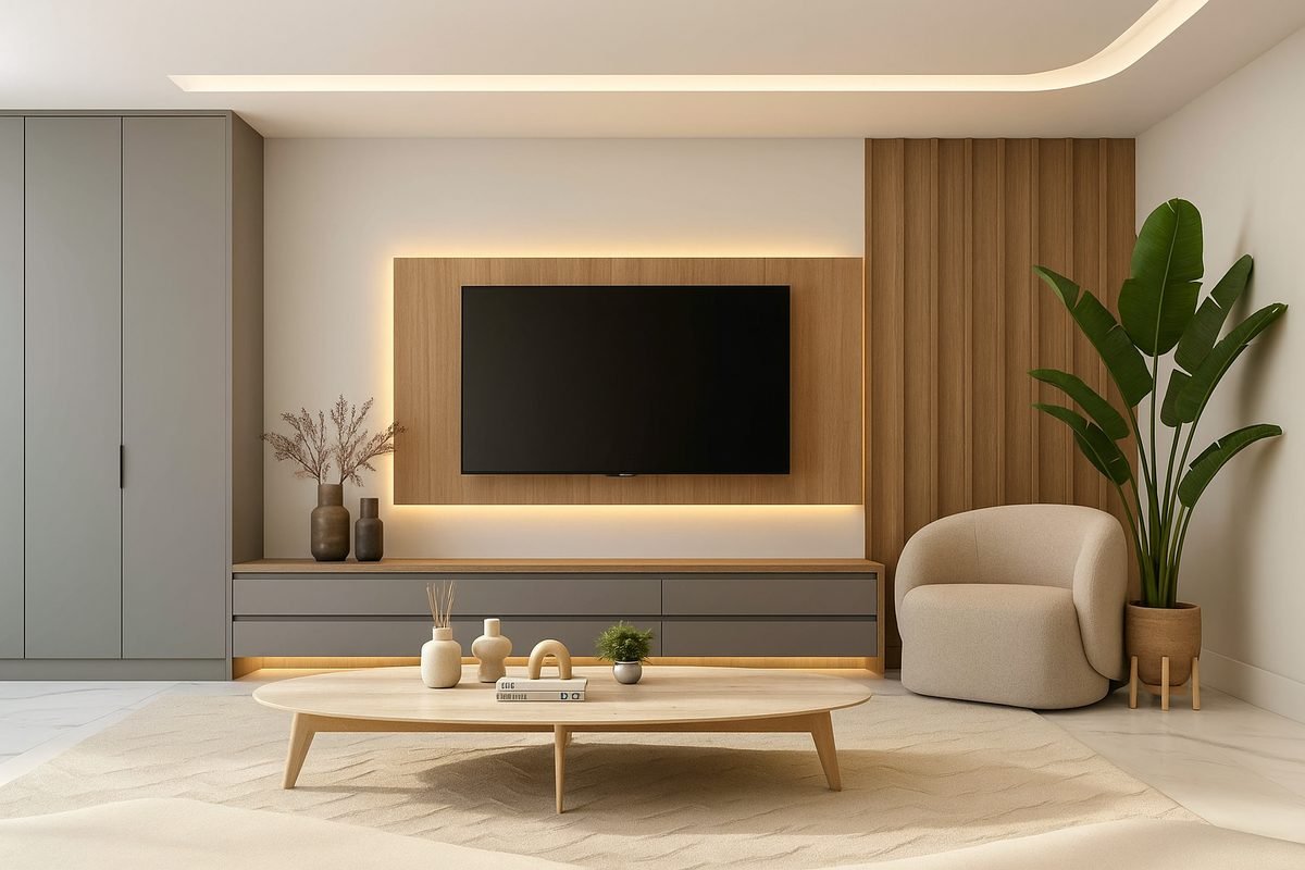 Sala de estar planejada com painel de TV ripado em madeira e rack sob medida